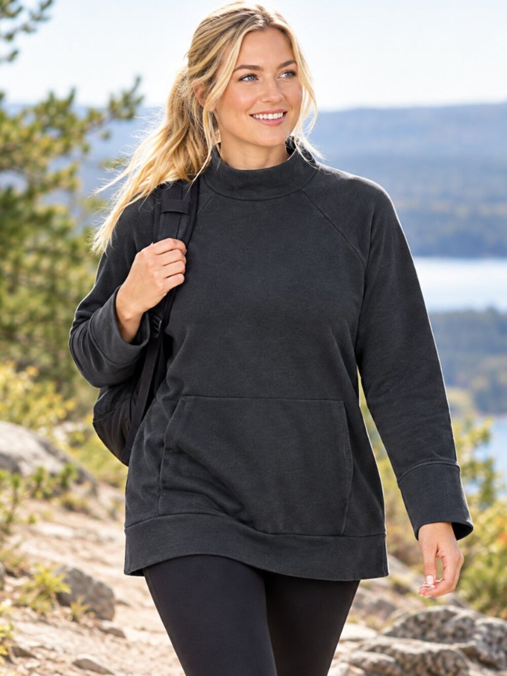 Fabletics Women XL Black Mock Neck Sweatshirt Long Sleeve Raglan Kangaroo Pocket